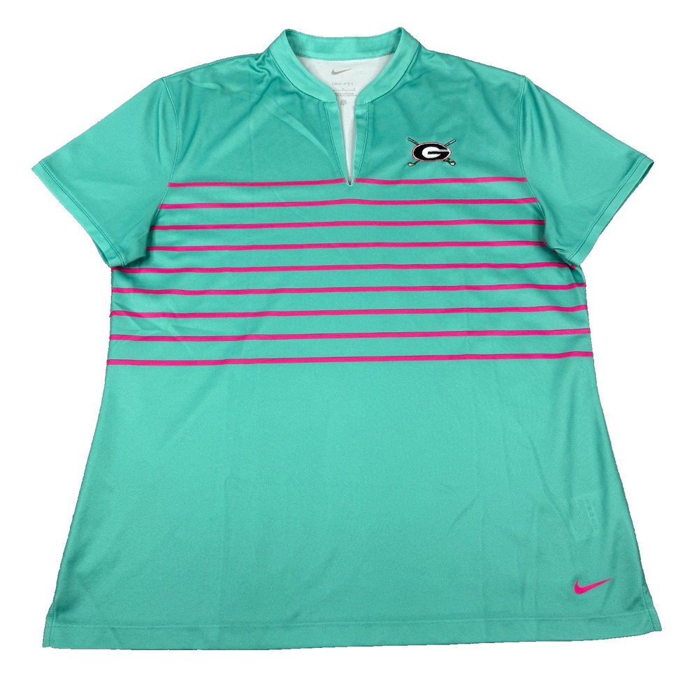 Georgia Bulldogs Nike Golf Polo Womens Large Teal Pink Stripe Dri-FIT UGA NCAA